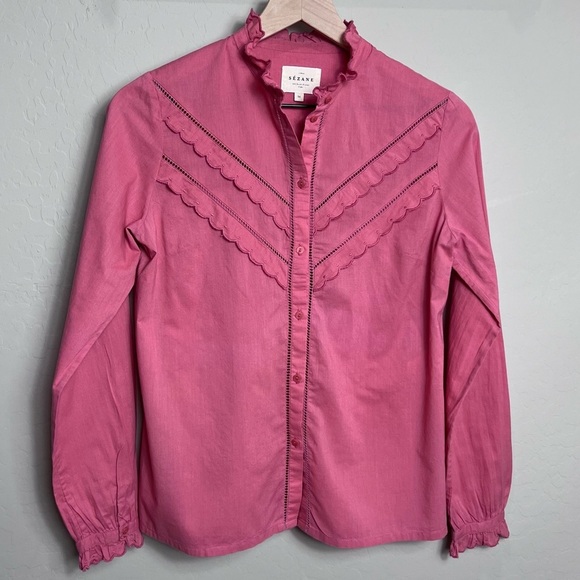 Sezane Blouse Ruffle Pink Rose Rodeo Boho Button Down Eyelet Lace Western Paris - Picture 2 of 15